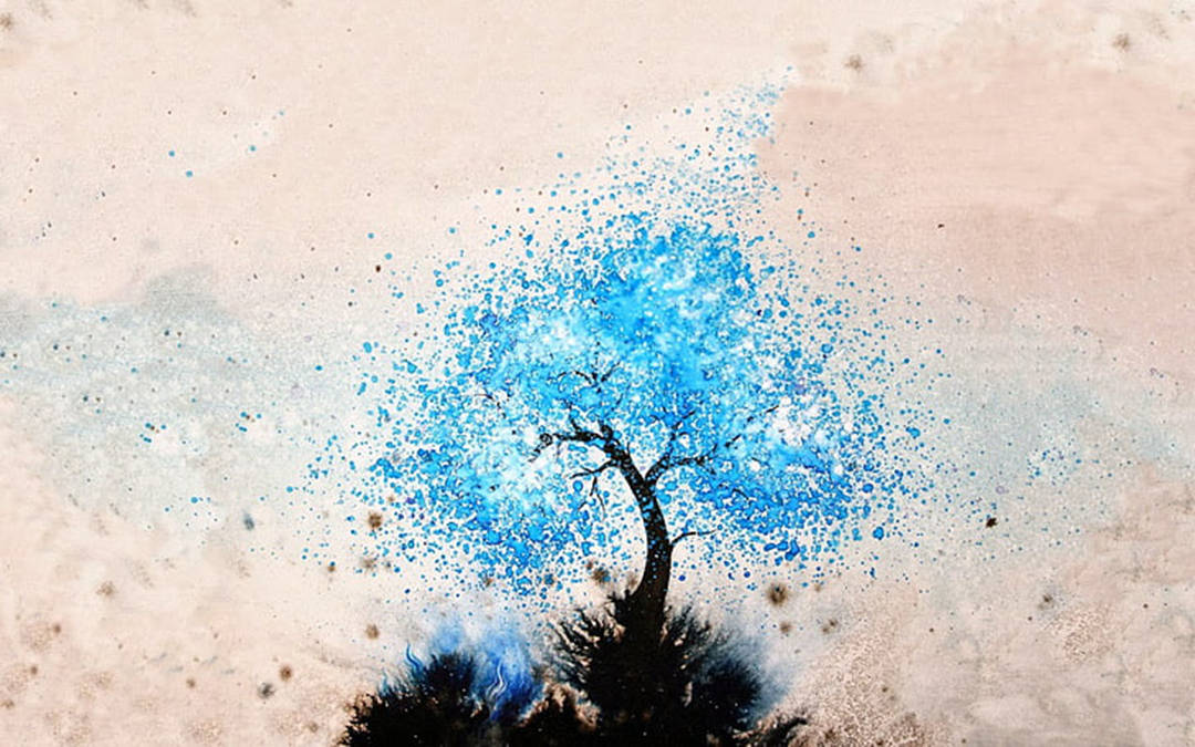 blue tree splatter painting, blue splatter canopy, textured beige background, SD Desktop Wallpaper