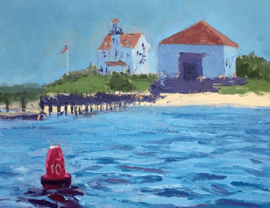 blue beach painting, red buoy, textured blue water, SD Desktop Wallpaper