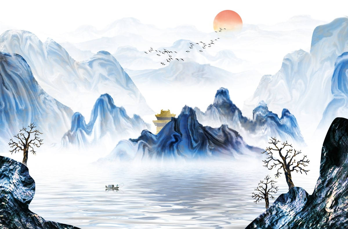 Foggy Mountain Blue Painting, blue mountain landscape, misty waters, SD Desktop Wallpaper