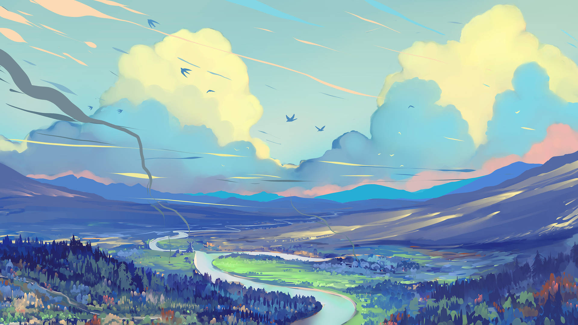 Blue Scenery Painting, winding river, vibrant valley, Full HD Desktop Wallpaper