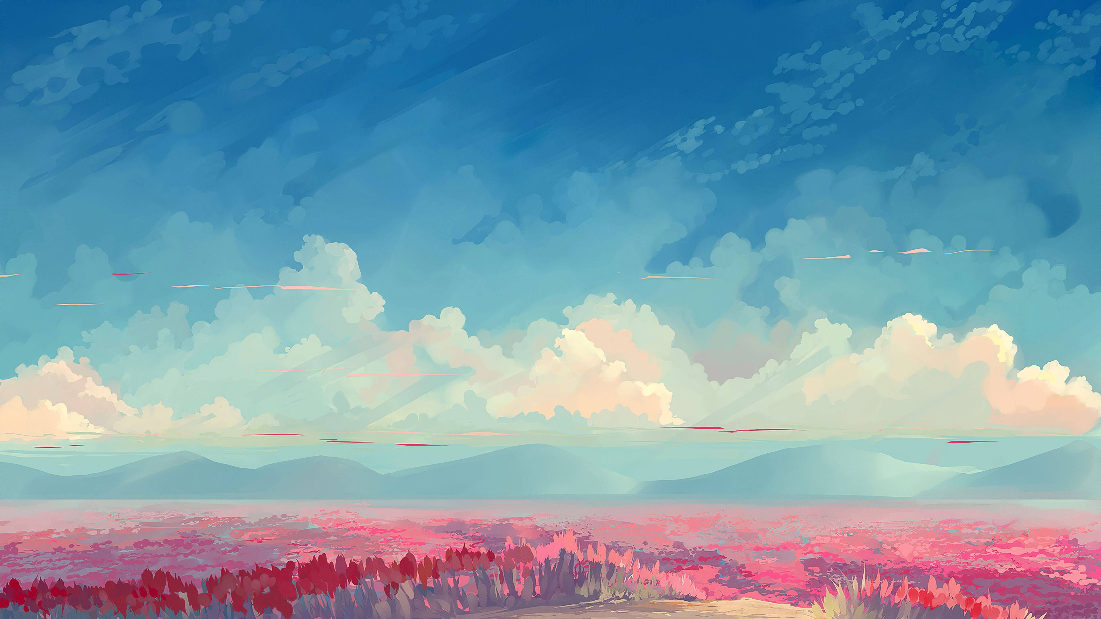 pink field, gradient blue sky, soft clouds, 4K Desktop Wallpaper