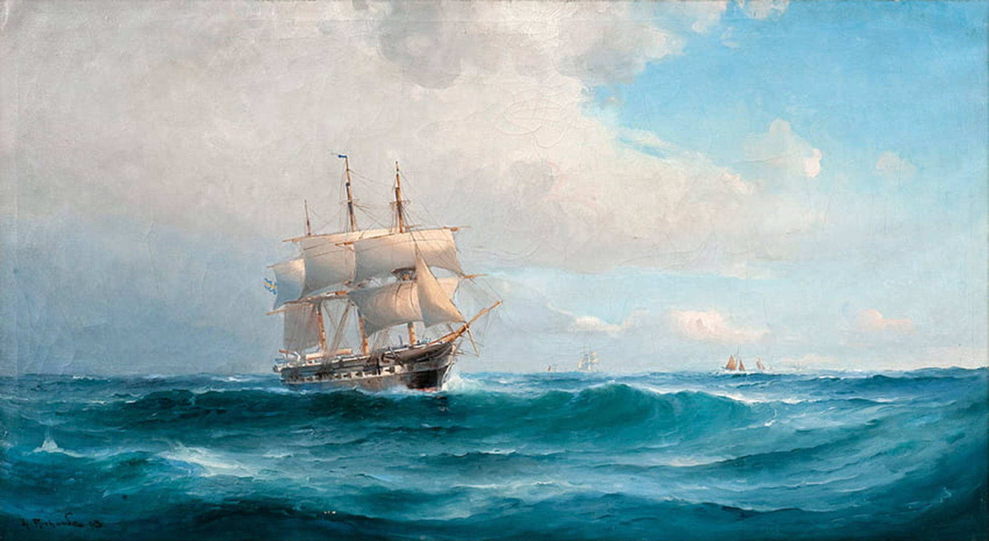 tall ship, turbulent blue seas, cloudy sky, Full HD Desktop Wallpaper