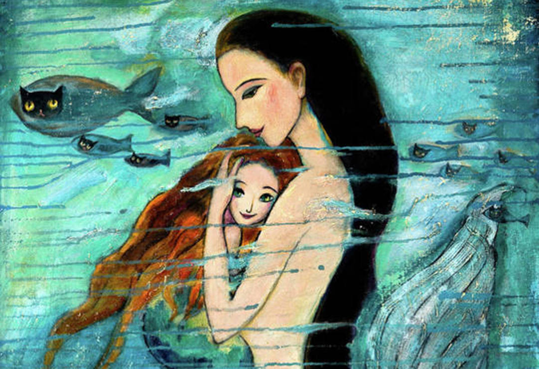 mother daughter, underwater, glowing eyes, SD Desktop Wallpaper