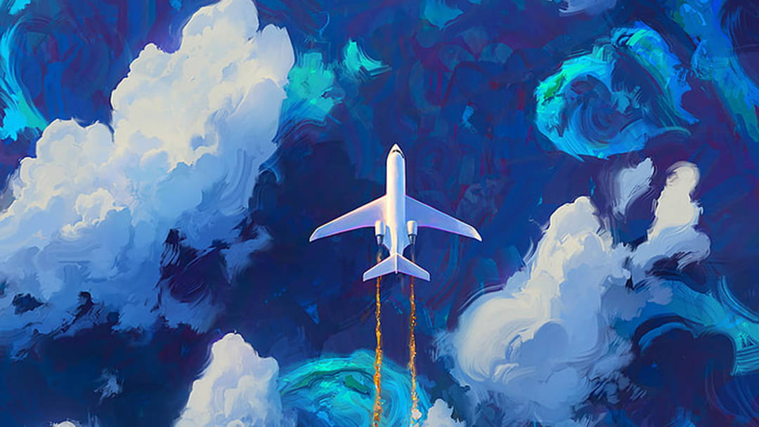 white airplane, swirling blue and white clouds, fiery exhaust trails, SD Desktop Wallpaper