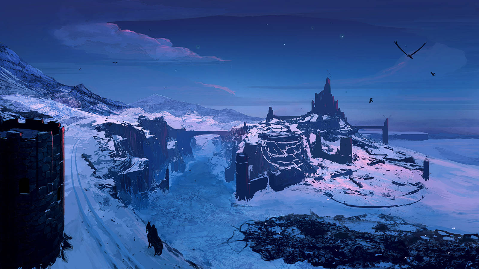 snowy mountain, snowy canyon, distant castle, HD Desktop Wallpaper