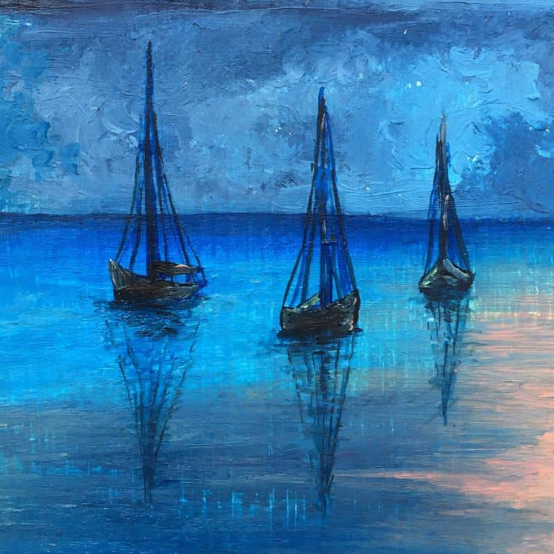 Sea Boats Blue Painting, sailboats, blue sea, SD Desktop Wallpaper