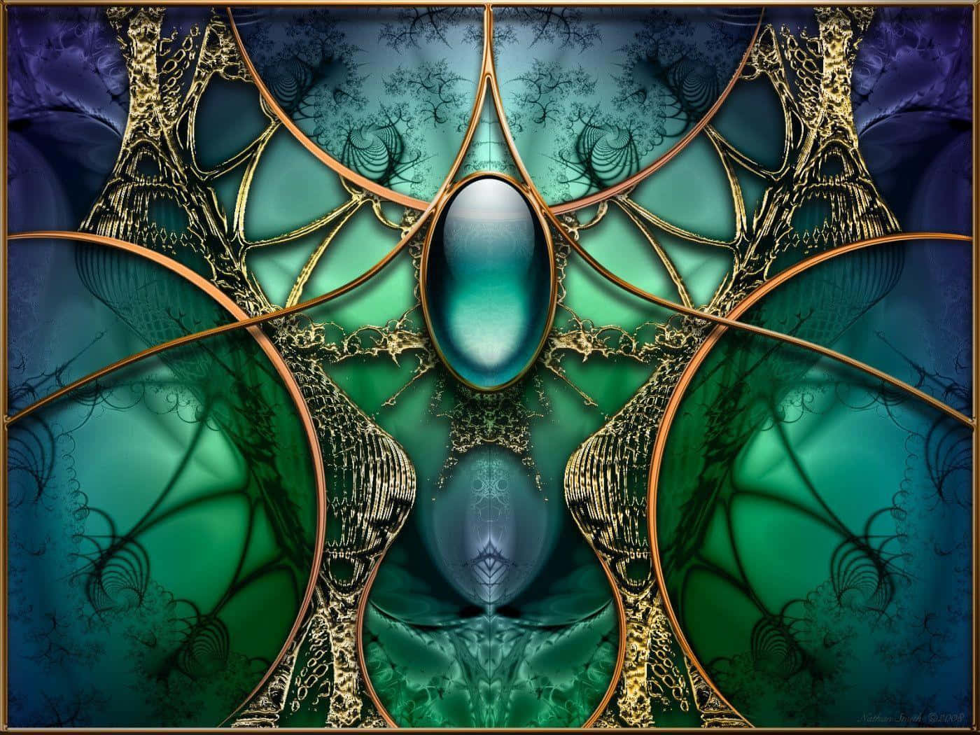 blue and green painting, gold frame, symmetrical fractal art, HD Desktop Wallpaper