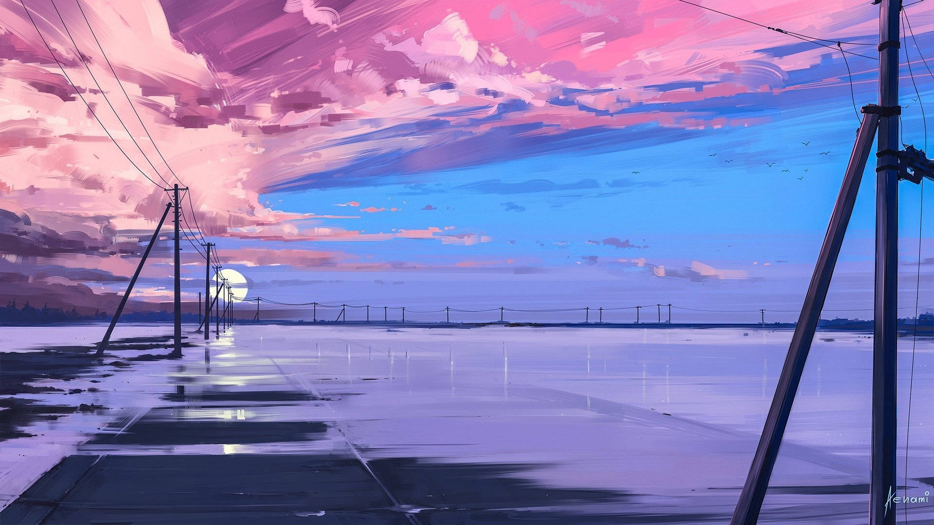 surreal twilight scene, pink and blue skies, wet pavement, Full HD Desktop Wallpaper