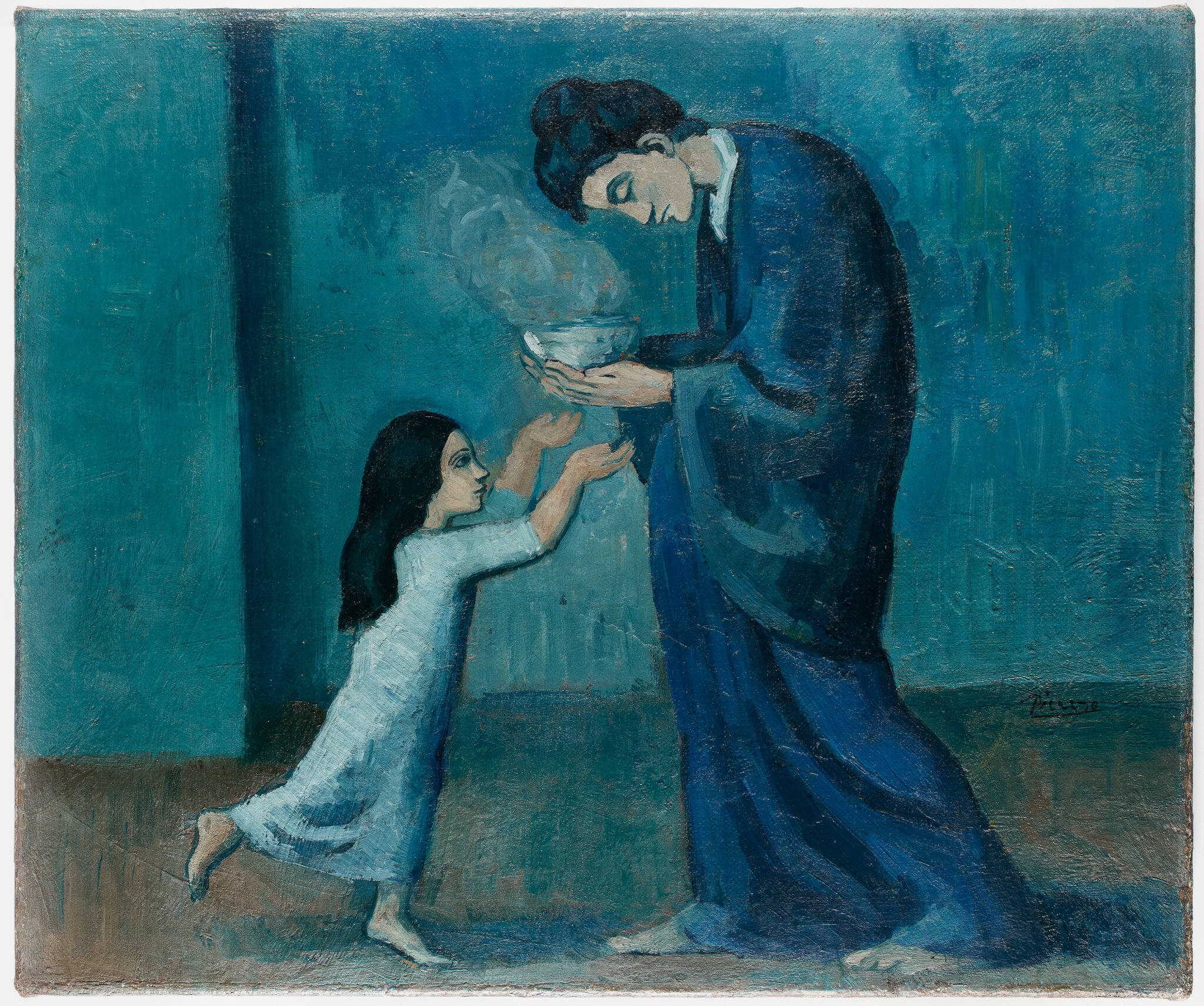 caring mother blue painting, Touching Motherhood Moment in Blue Hues, teal background, Full HD Desktop Wallpaper
