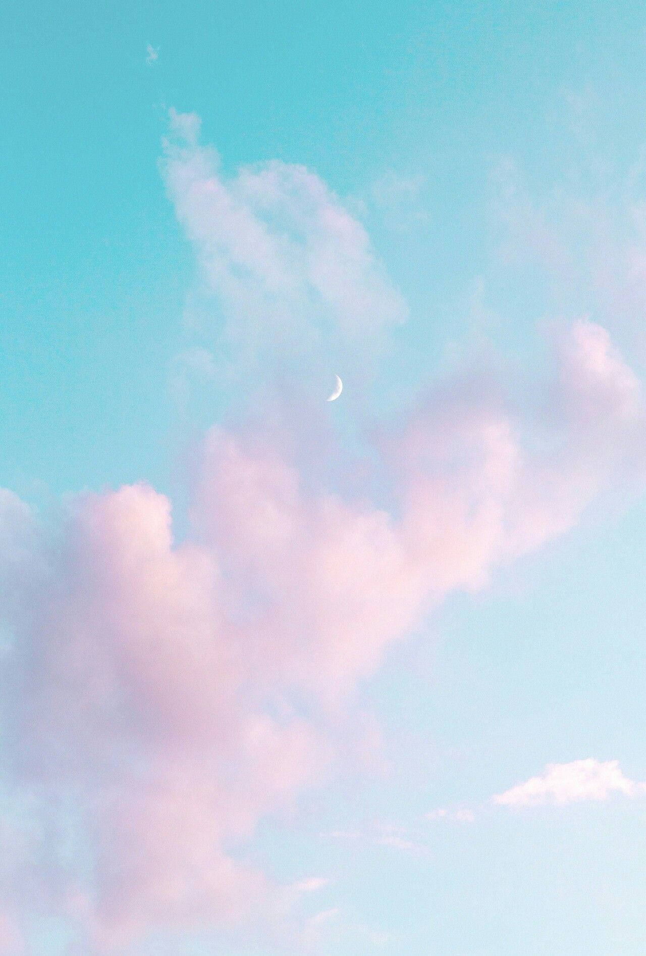 Waxing Crescent, pastel blue backdrop, soft pink clouds, HD Phone Wallpaper