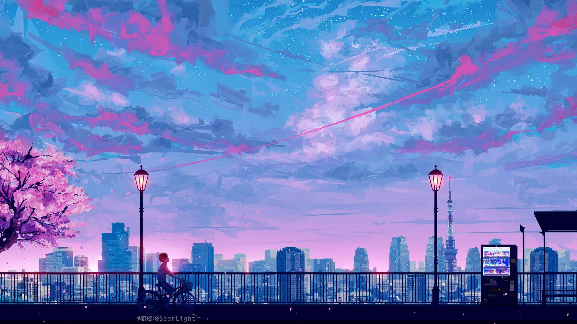 blue pastel sky, pink and blue twilight sky, cherry blossoms, Full HD Desktop Wallpaper