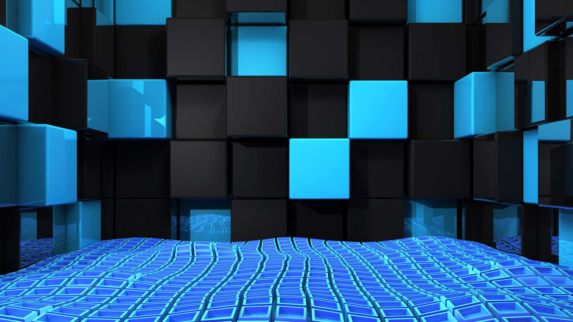 blue geometric, glowing blue cubes, wavy grid floor, Full HD Desktop Wallpaper