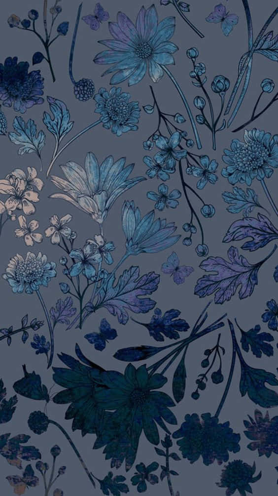 blue floral pattern, teal blossoms, leaves, SD Phone Wallpaper