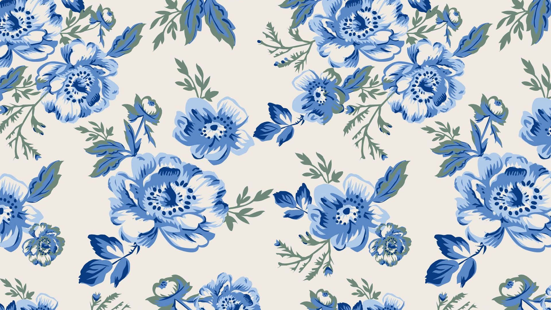 blue floral pattern, green floral motifs, cream background, Full HD Desktop Wallpaper