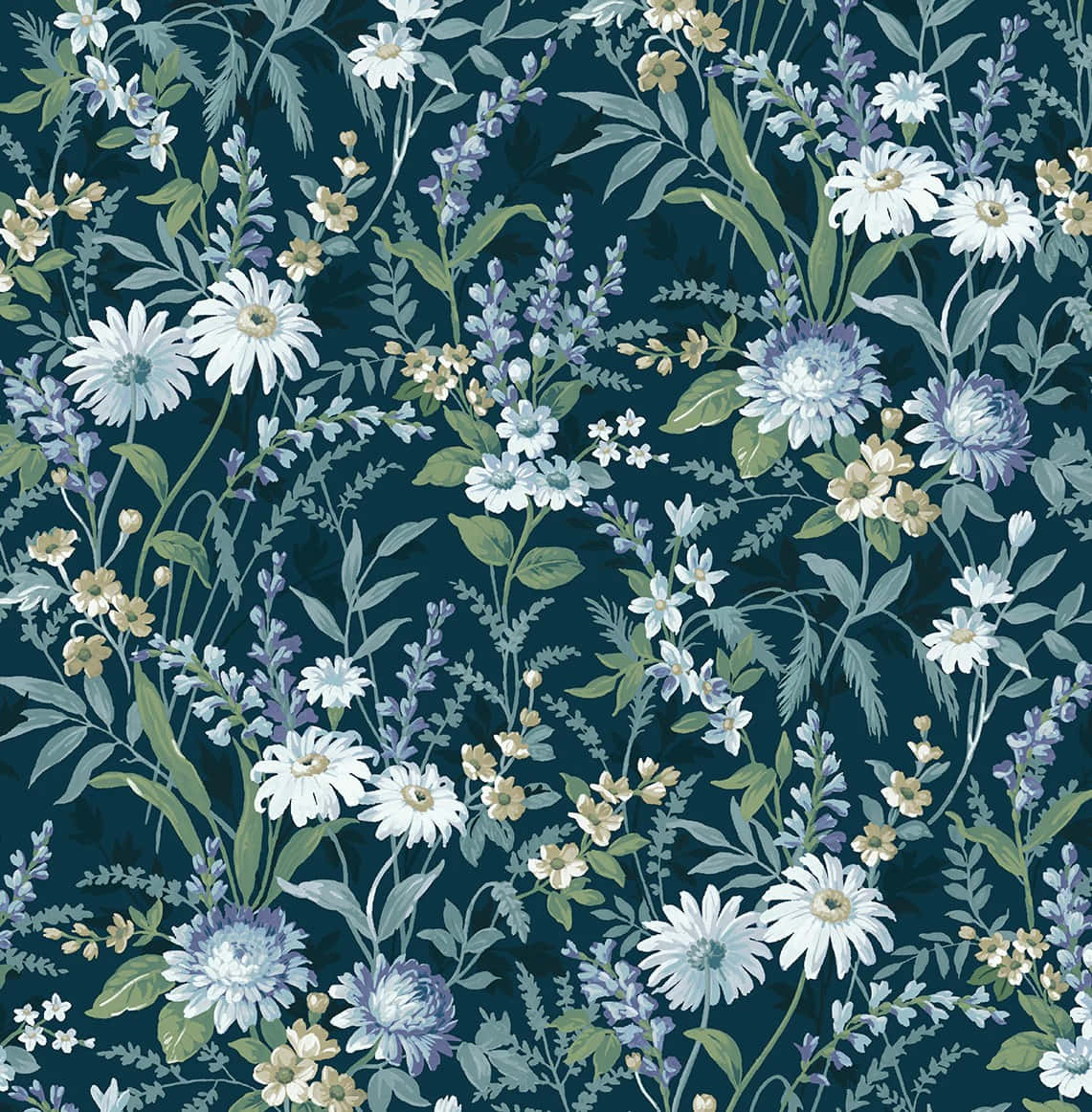 elegant blue floral pattern, white daisies, lavender sprigs, SD Phone Wallpaper