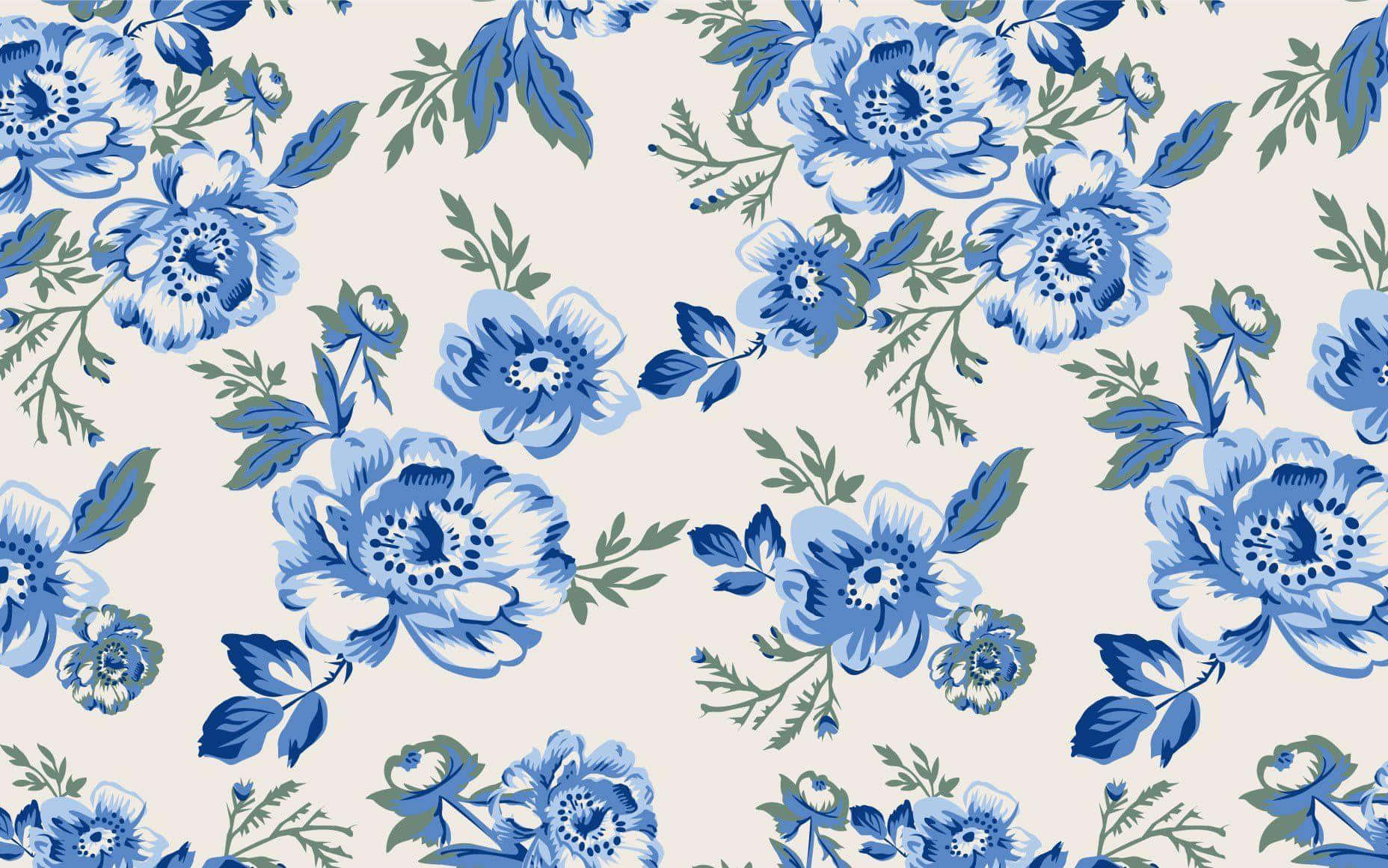 blue floral pattern, green floral motifs, soft beige background, HD Desktop Wallpaper