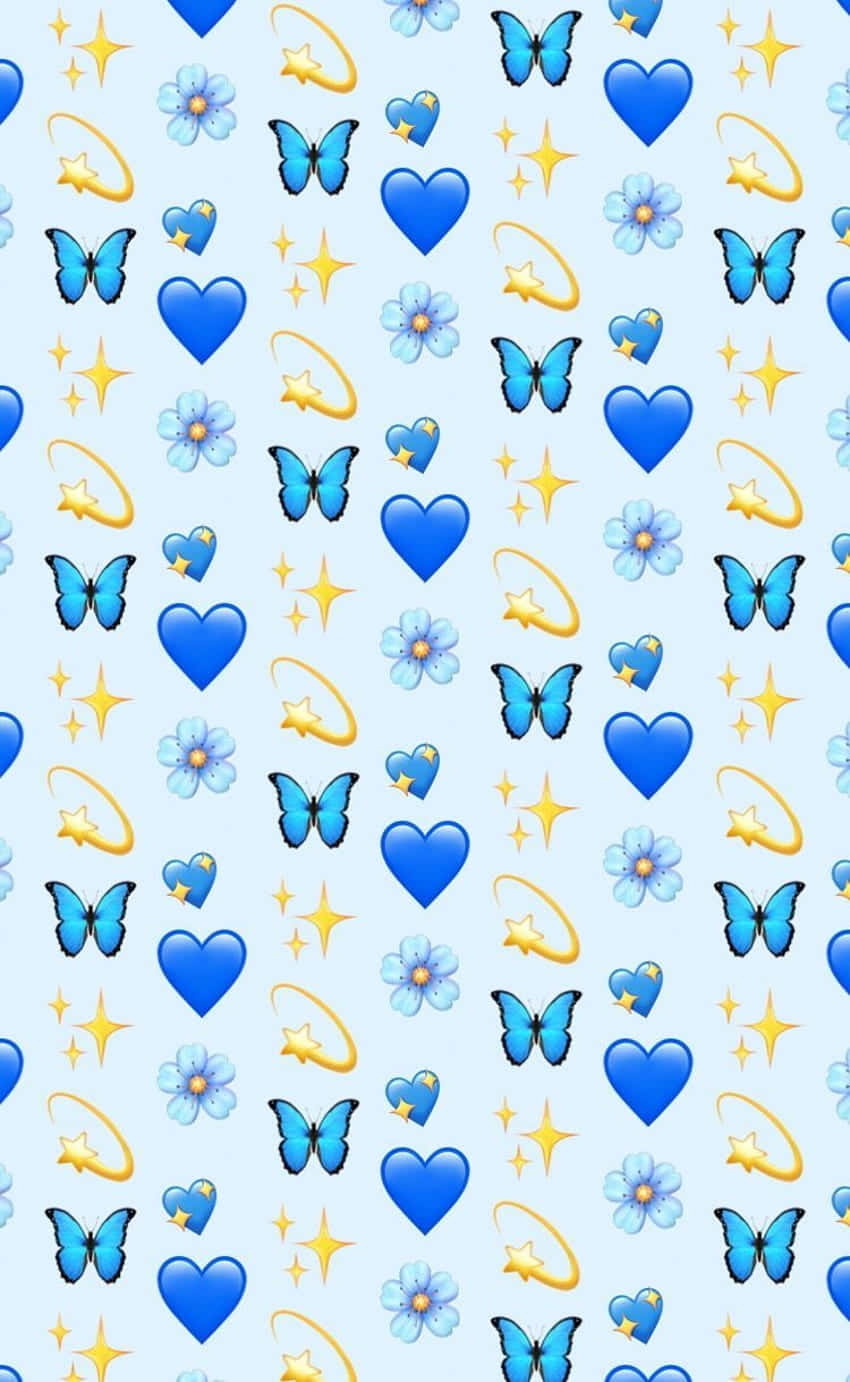 blue emoji pattern, blue hearts, butterflies, HD Phone Wallpaper