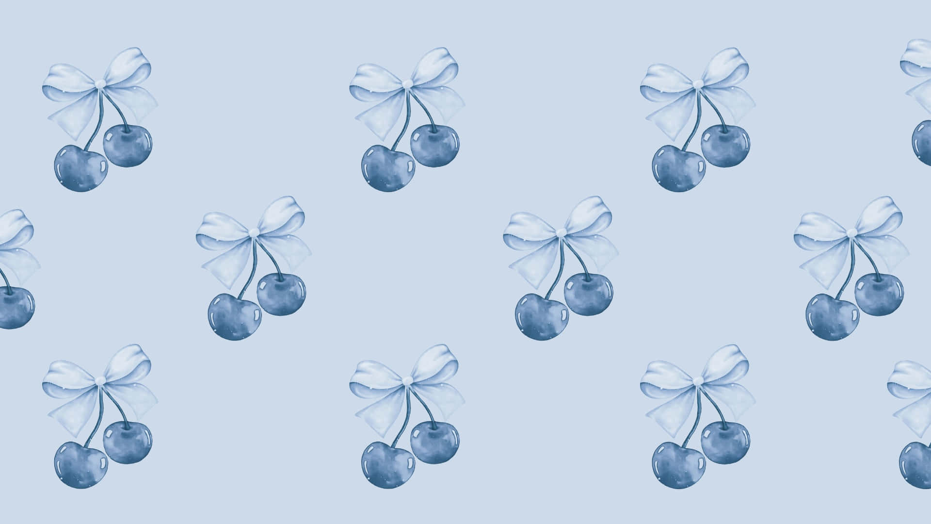 blue bow cherry pattern, blue watercolor cherries, bows, Full HD Desktop Wallpaper