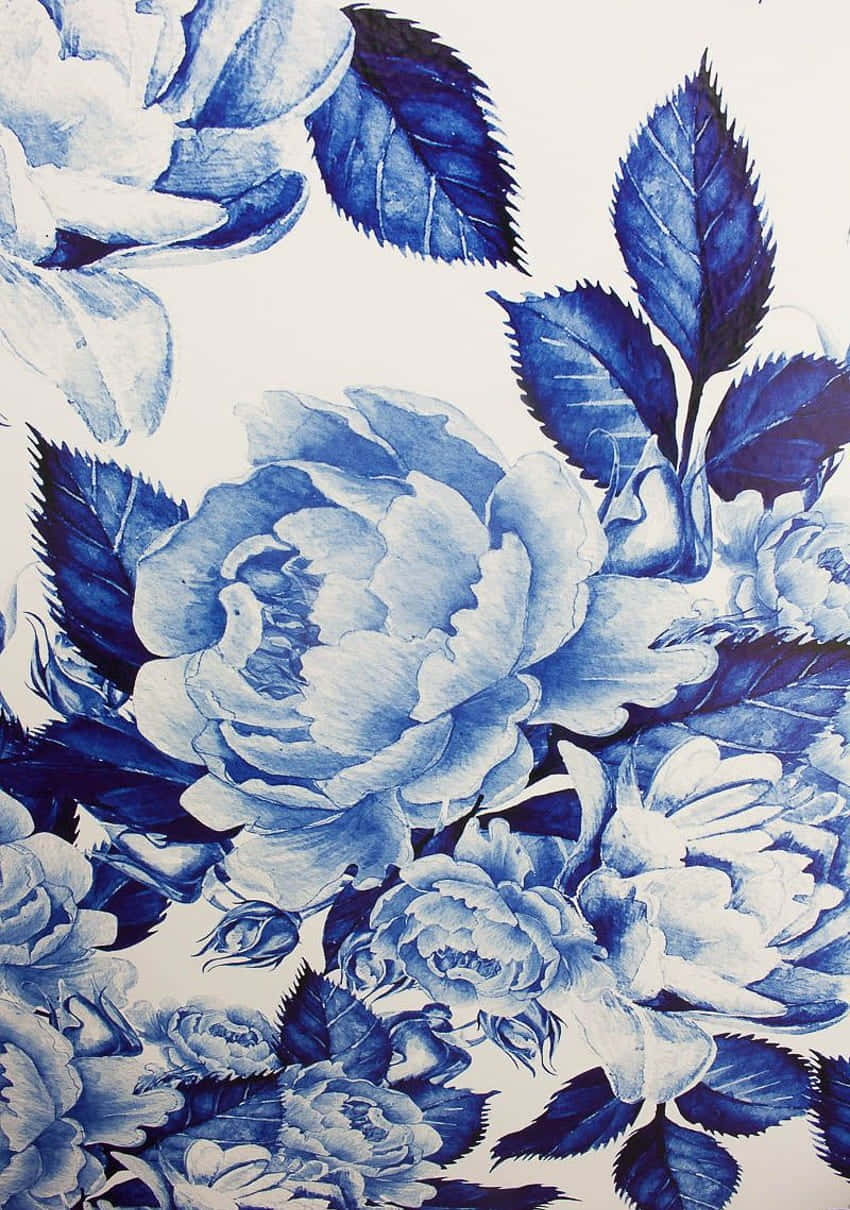 blue floral pattern, peony, white background, SD Phone Wallpaper