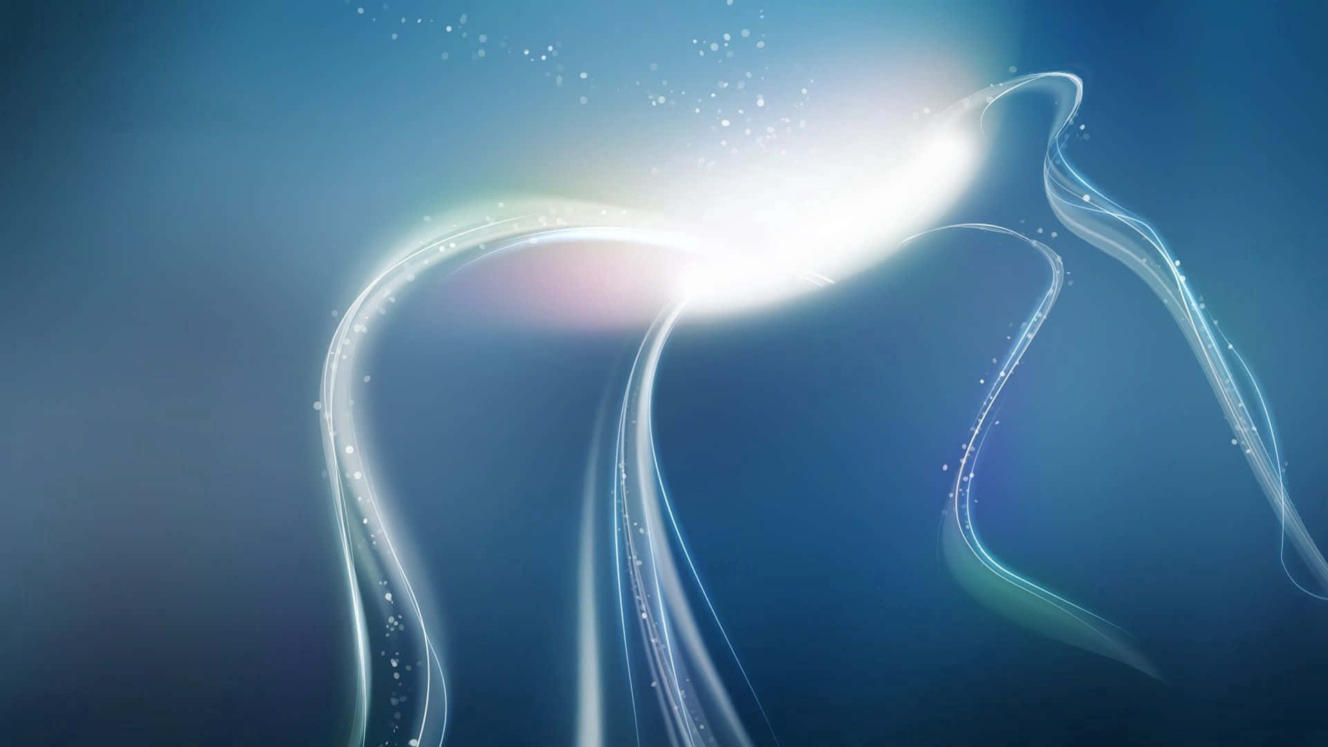Blue PC, glowing white ethereal ribbons, deep blue gradient sky, Full HD Desktop Wallpaper