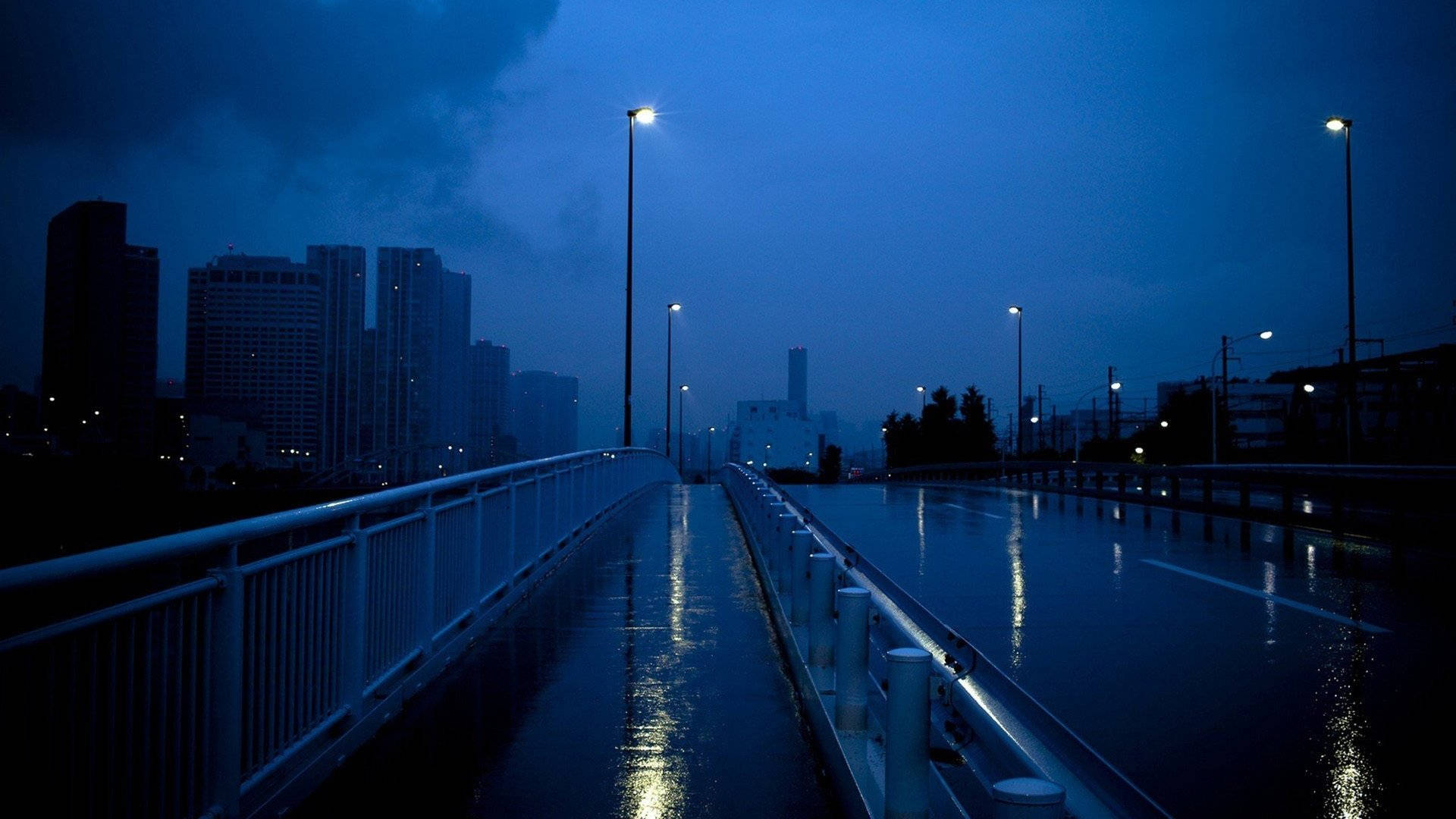 City Street, blue aesthetic, wet urban bridge, Full HD Desktop Wallpaper