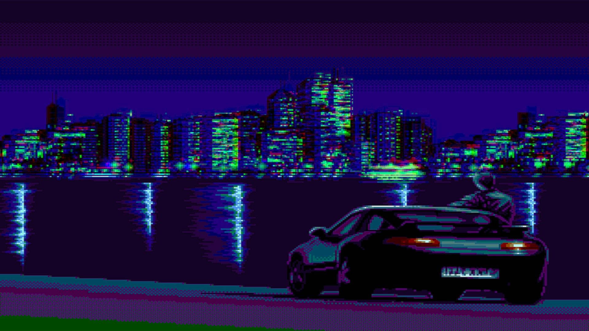 glitchcore, blue aesthetic, pixel-art sports car, Full HD Desktop Wallpaper