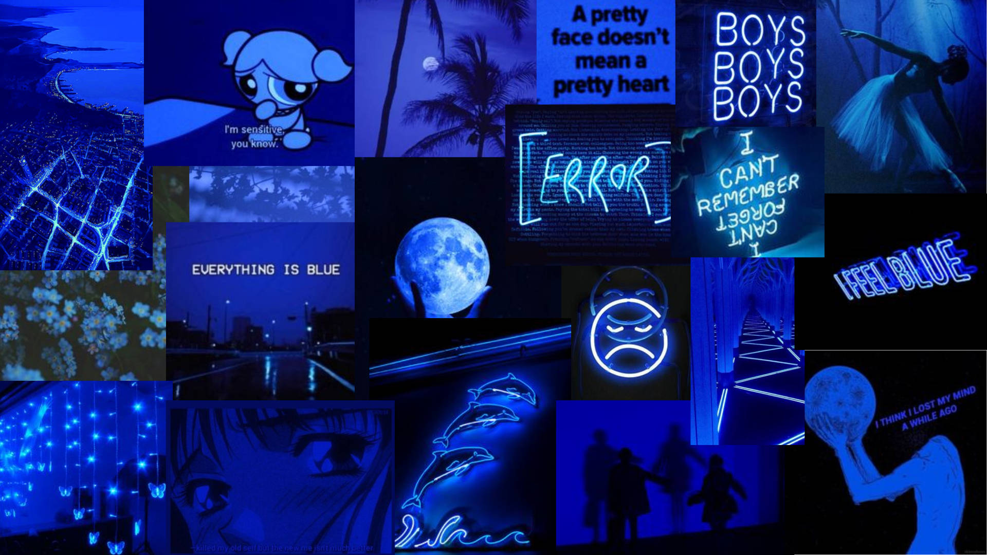 Dark Blue Aesthetic PC, neon signs, anime characters, Full HD Desktop Wallpaper