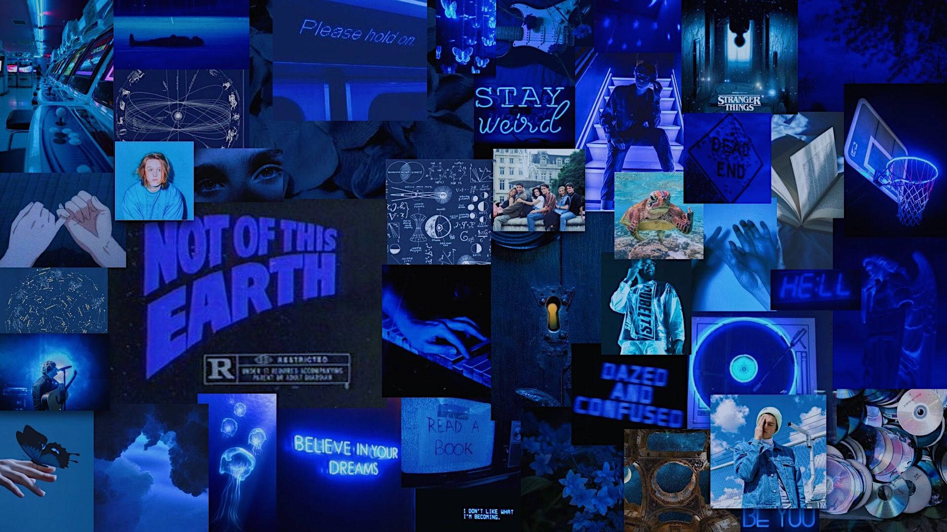 Luminious Blue Aesthetic PC, vibrant blue-toned, glowing text, Full HD Desktop Wallpaper