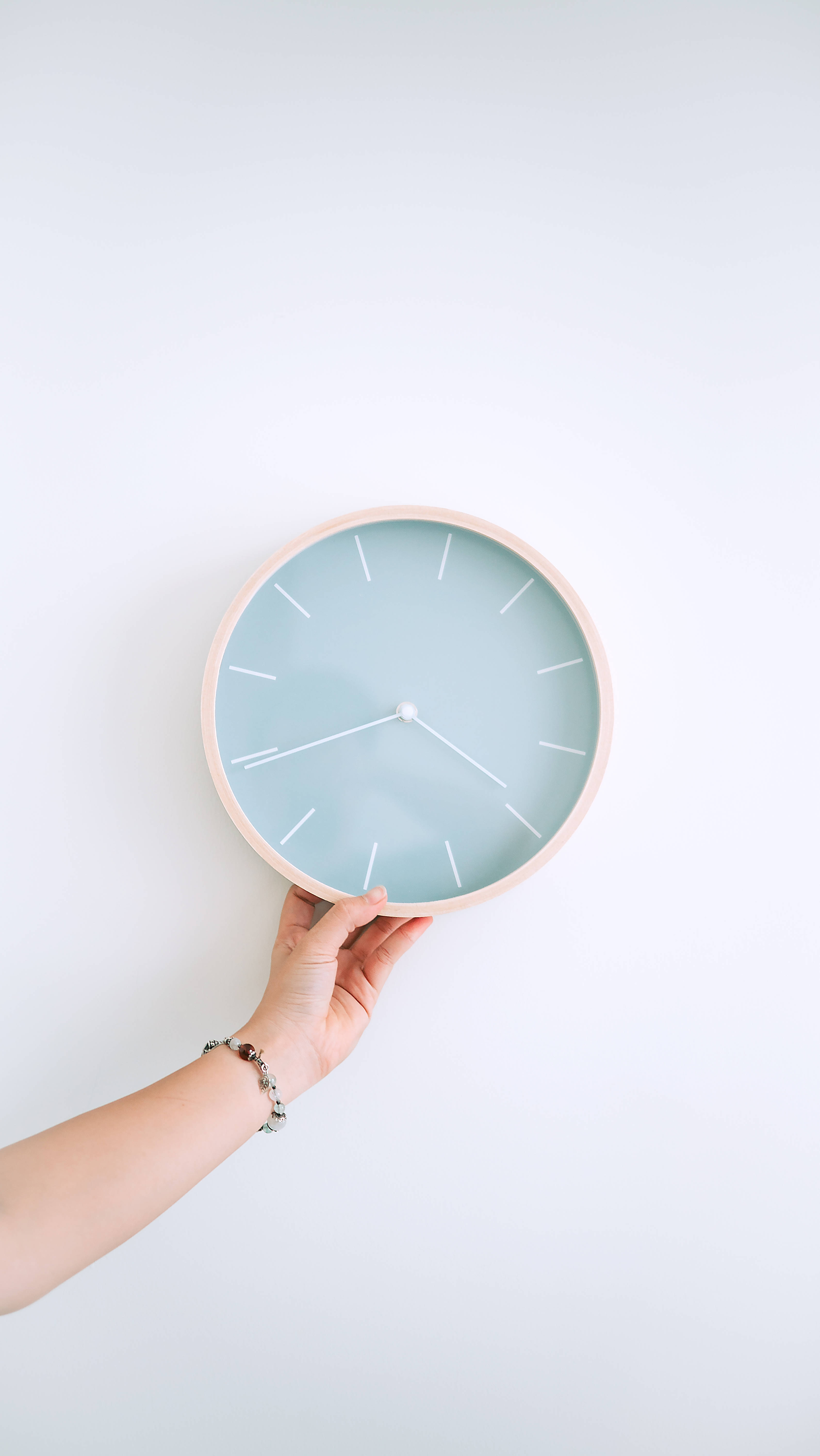 Pastel Blue Clock, minimalist light blue wall clock, wooden frame, 5K Phone Wallpaper