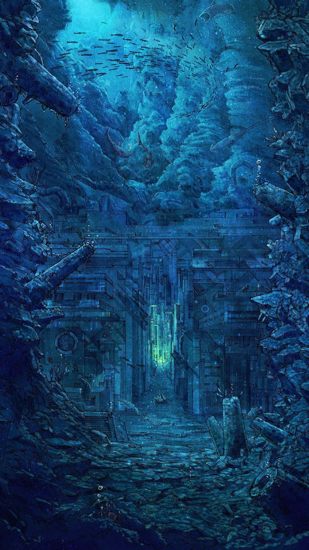 Blue Phone, glowing green core, coral, Full HD Phone Wallpaper