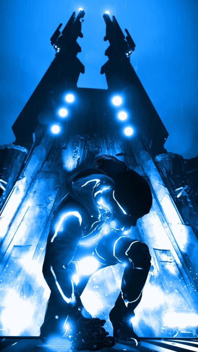 Blue Phone, glowing blue armor, towering sci-fi structure, SD Phone Wallpaper