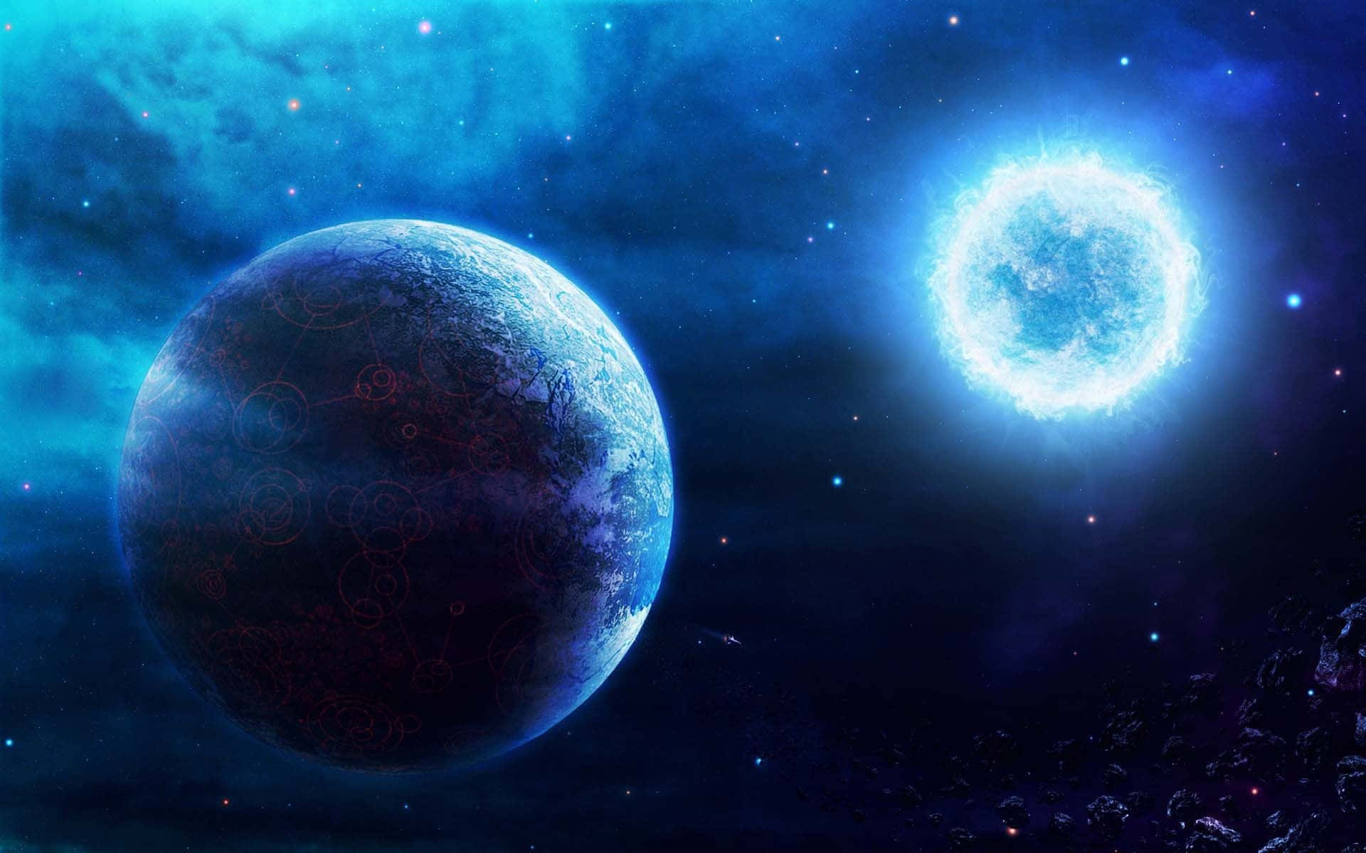 Blue Planet, glowing blue planet, red circuit-like patterns, Full HD Desktop Wallpaper