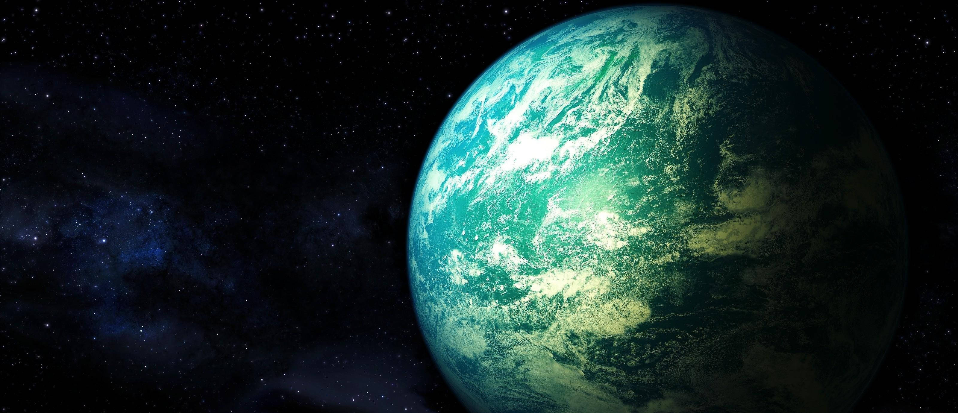 Blue Planet, Earth, starry cosmic backdrop, 2K Desktop Wallpaper
