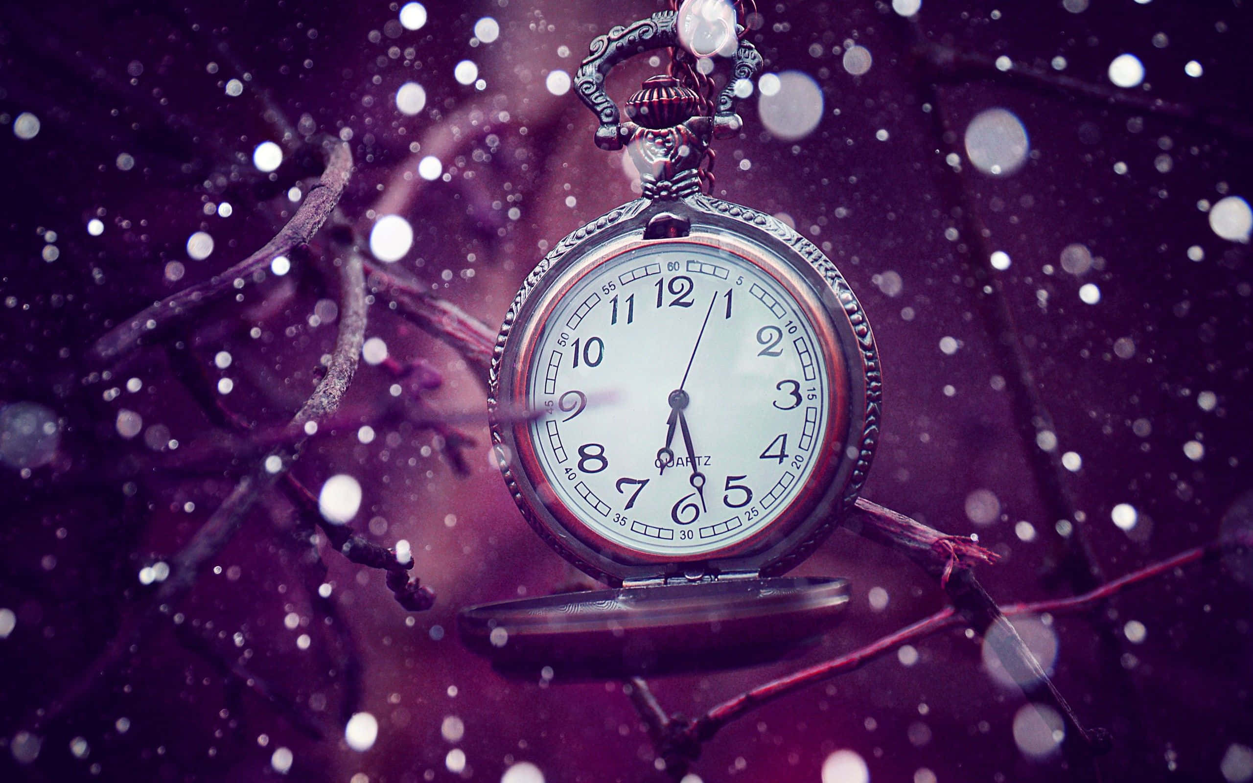 purple snowy backdrop, glowing bokeh lights, ornate pocket watch, 2K Desktop Wallpaper