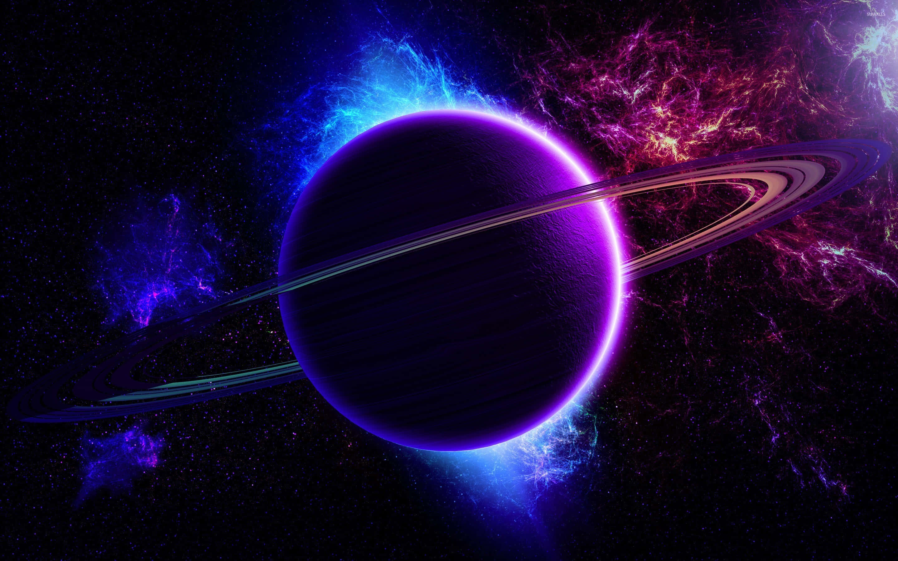 glowing purple planet, rings, vibrant blue and pink cosmic nebulae, 2K Desktop Wallpaper