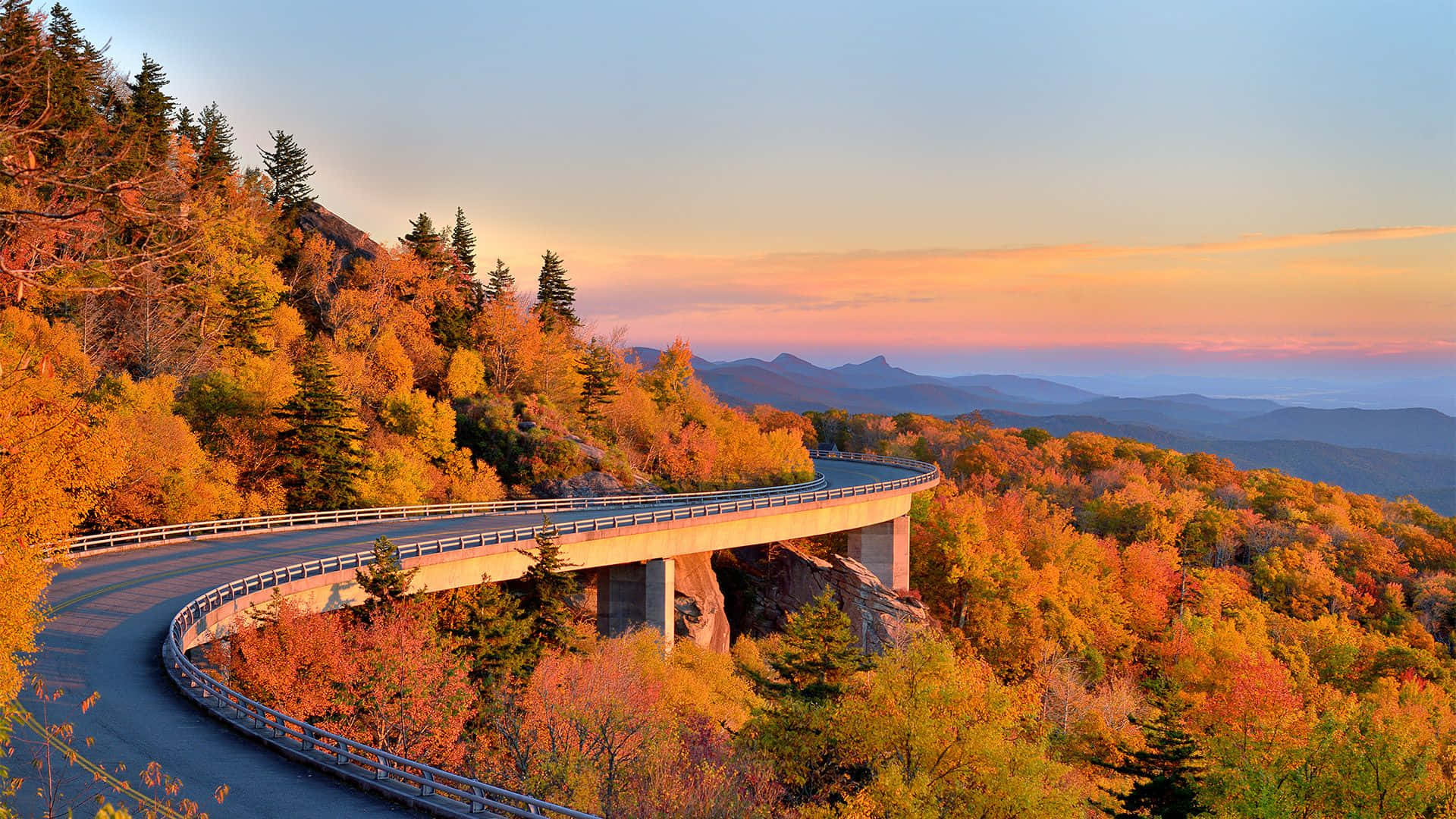 Blue Ridge Mountains, sunset, winding mountain road, Full HD Desktop Wallpaper