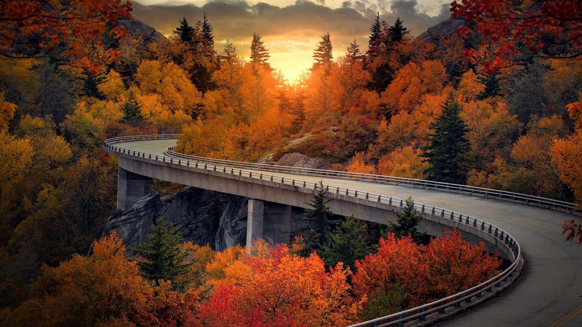 Blue Ridge Mountains, winding mountain road bridge, vibrant autumn forest, Full HD Desktop Wallpaper