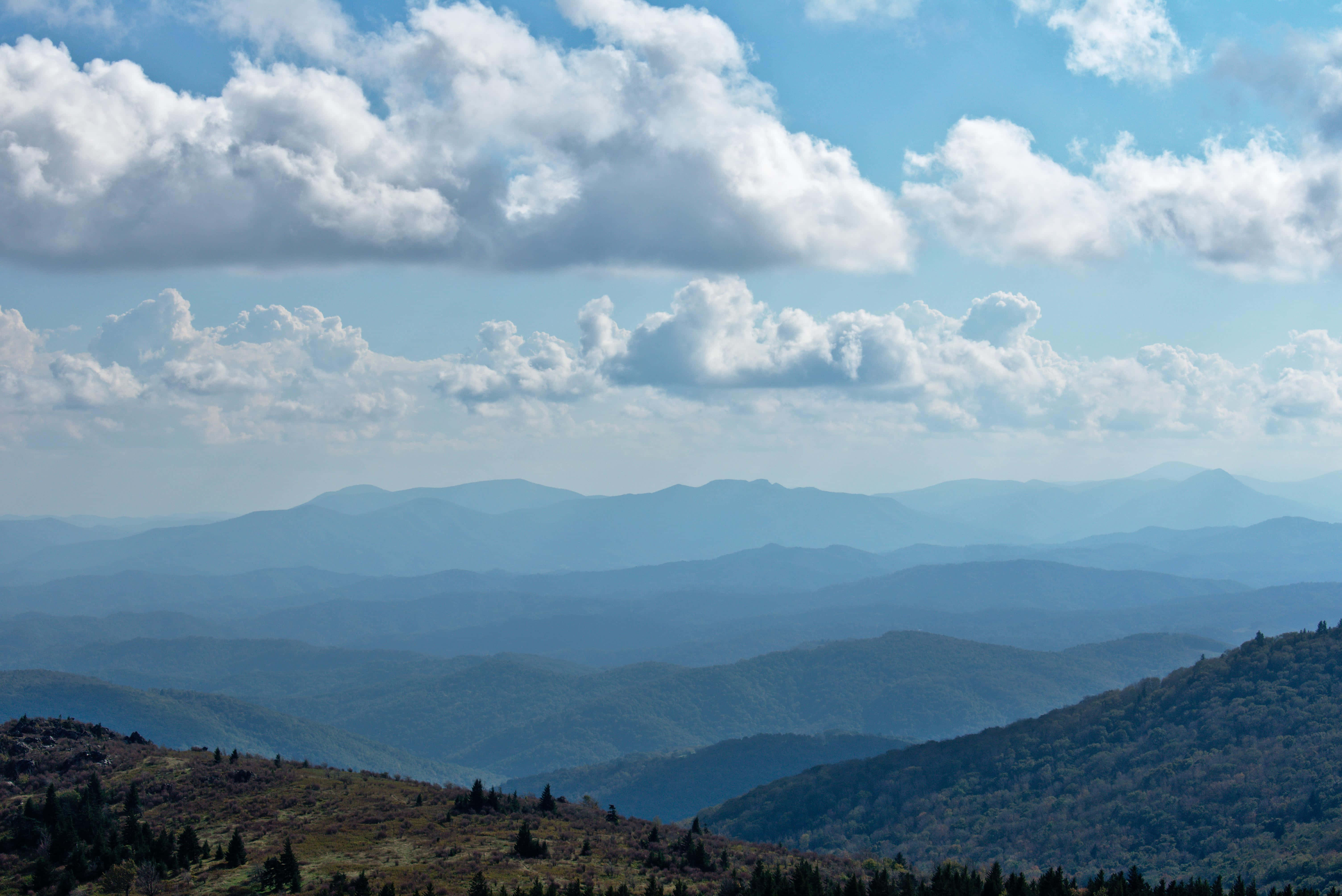 Blue Ridge Mountains, bright blue sky, fluffy white clouds, 5K Desktop Wallpaper