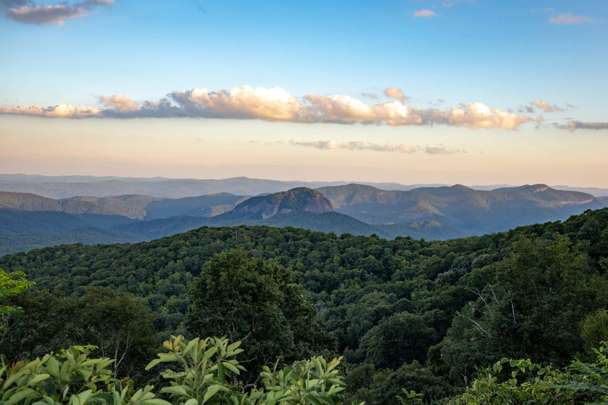 Blue Ridge Mountains, soft sunset sky, scattered clouds, Full HD Desktop Wallpaper