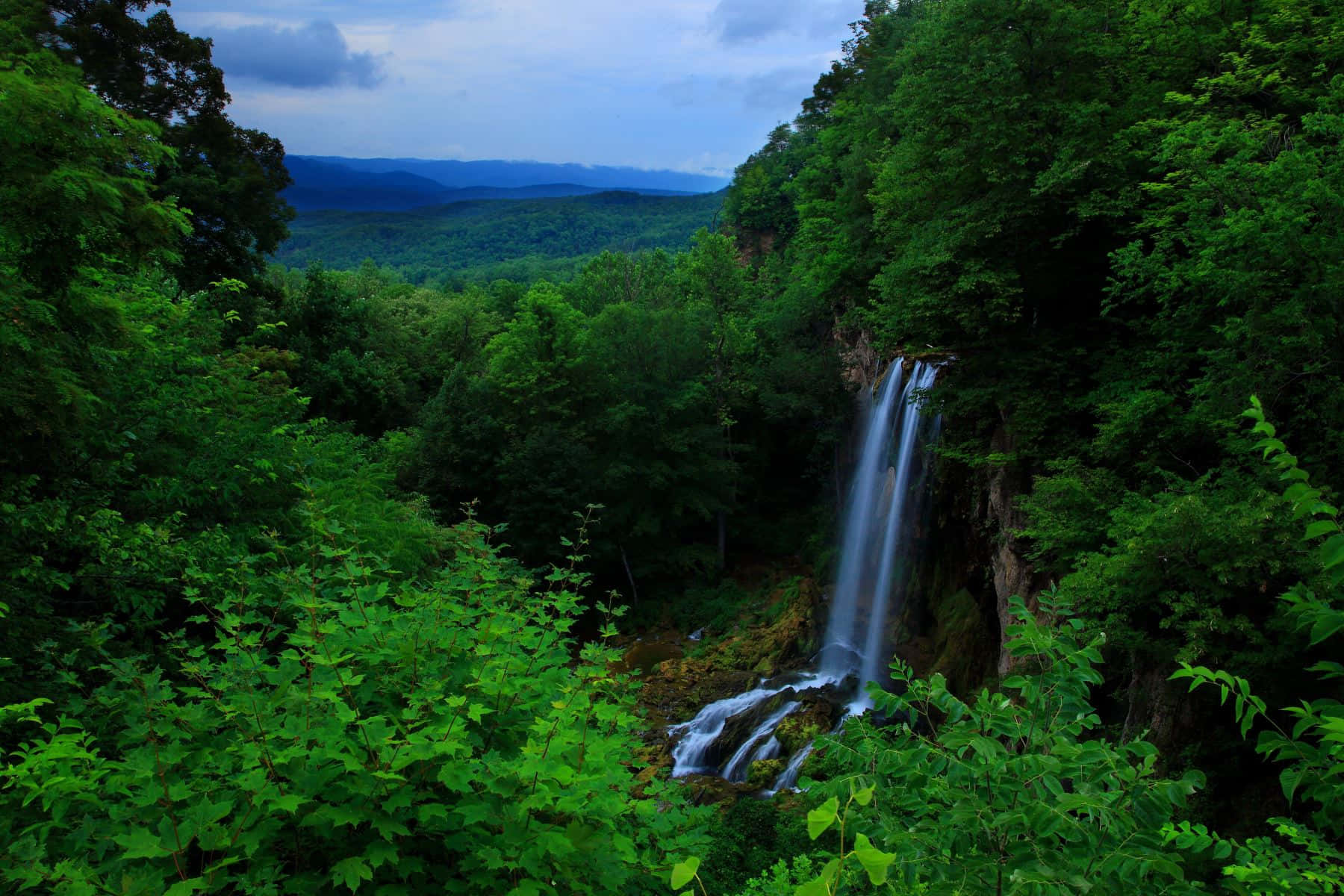 Blue Ridge Mountains, waterfall, lush green forest, HD Desktop Wallpaper
