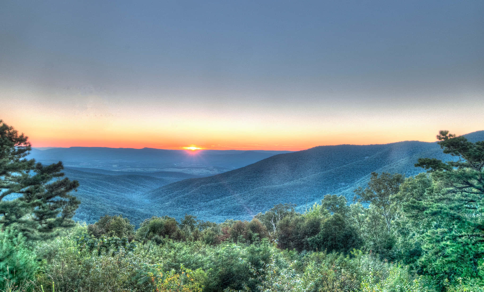 Blue Ridge Mountains, sunrise, orange, Full HD Desktop Wallpaper