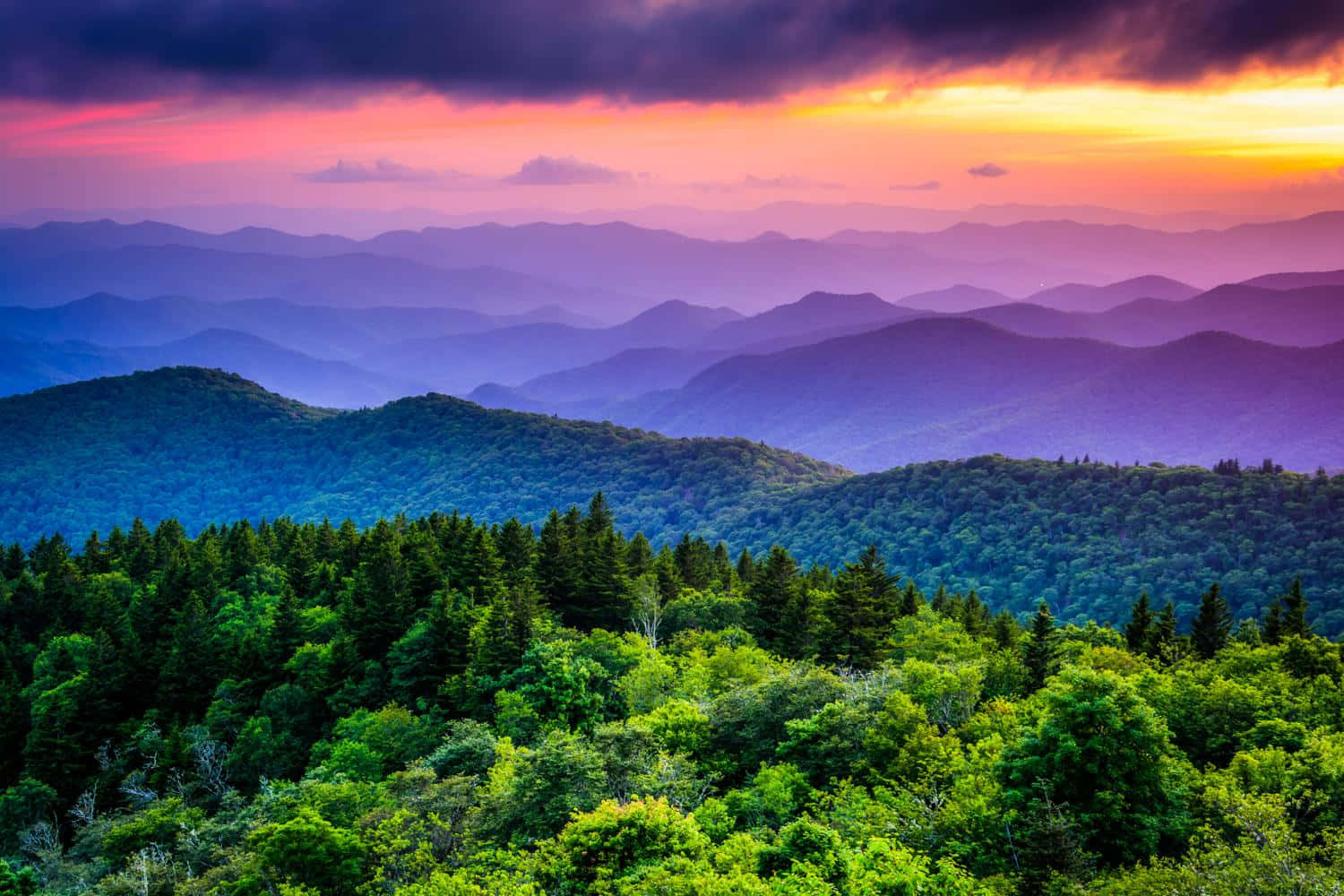 Blue Ridge Mountains, vibrant sunset, purple, HD Desktop Wallpaper