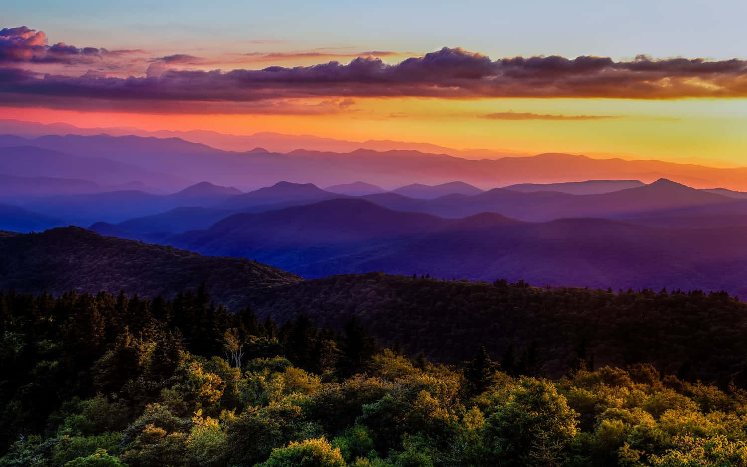 Blue Ridge Mountains, sunset, fiery orange, HD Desktop Wallpaper