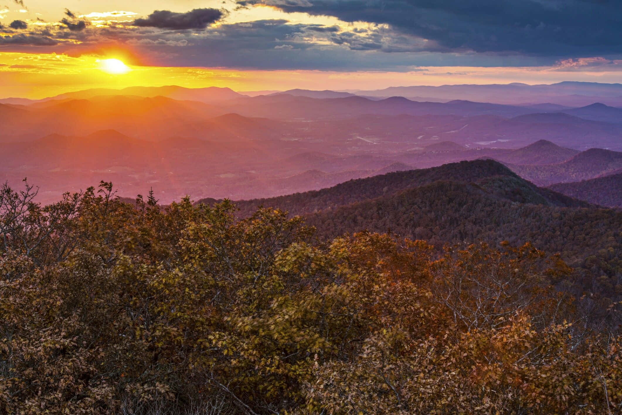 Blue Ridge Mountains, sunset, autumn foliage, Full HD Desktop Wallpaper