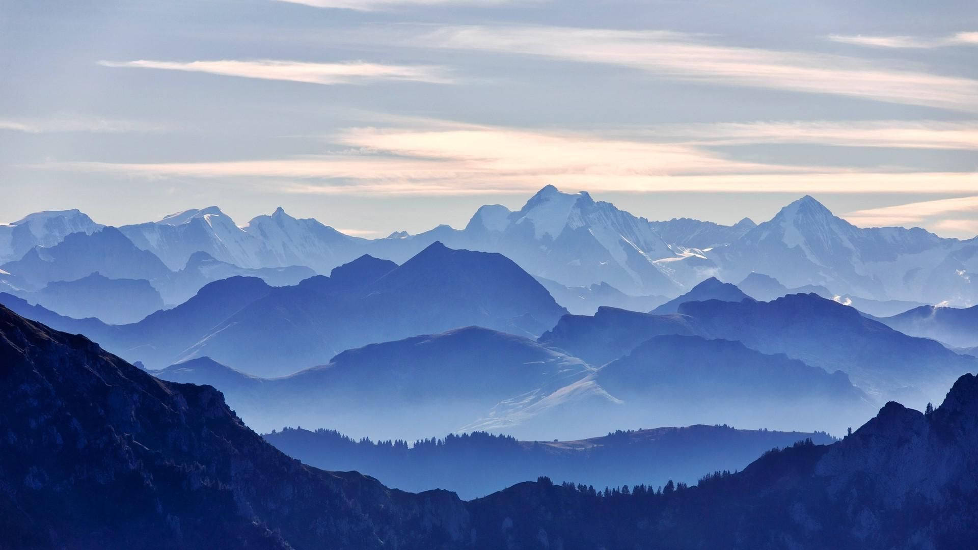 Mountain Range, blue tonal perspective, atmospheric blue haze, Full HD Desktop Wallpaper
