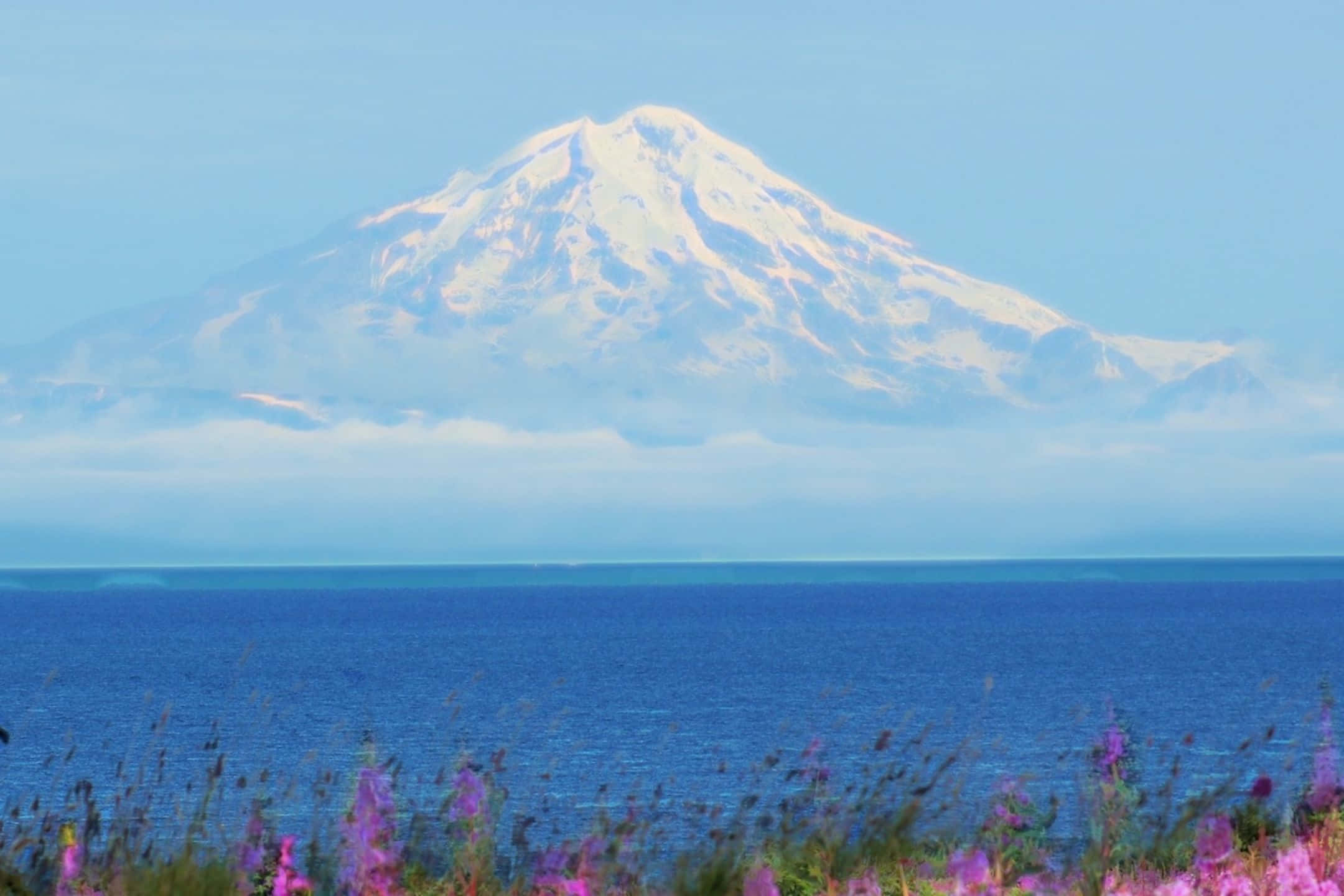 Blue Ridge Mountains, snow-capped mountain, calm blue sea, Full HD Desktop Wallpaper