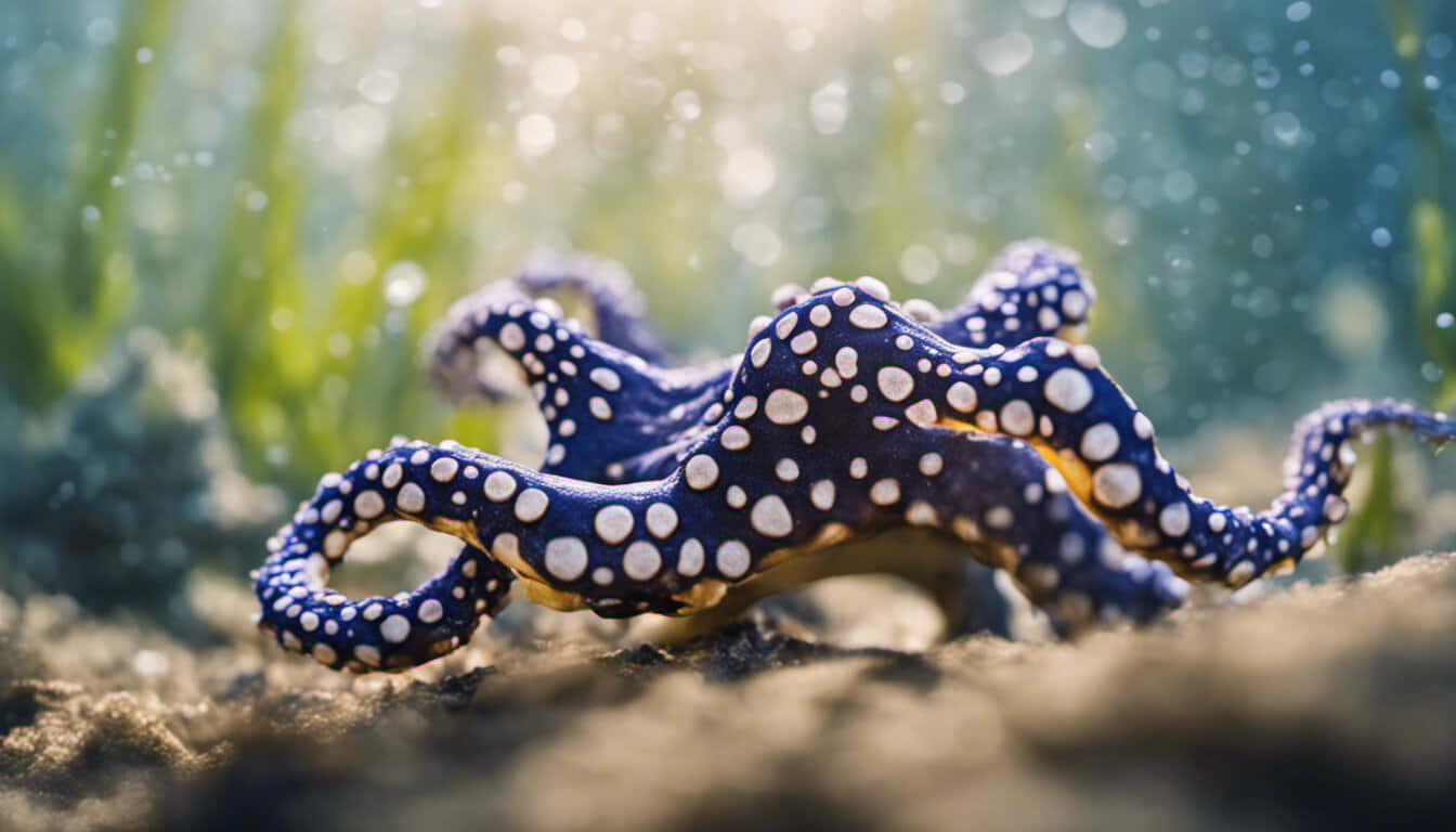 Blue-ringed Octopus, sandy ocean floor, green seaweed, HD Desktop Wallpaper