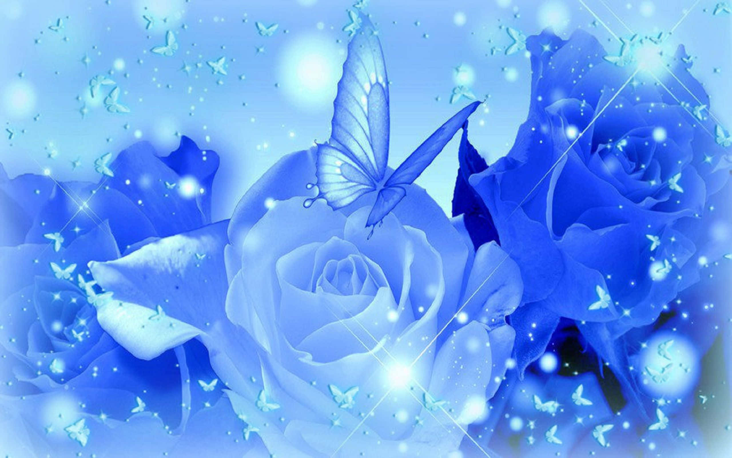 Blue Rose, glowing butterflies, sparkling particles, 2K Desktop Wallpaper