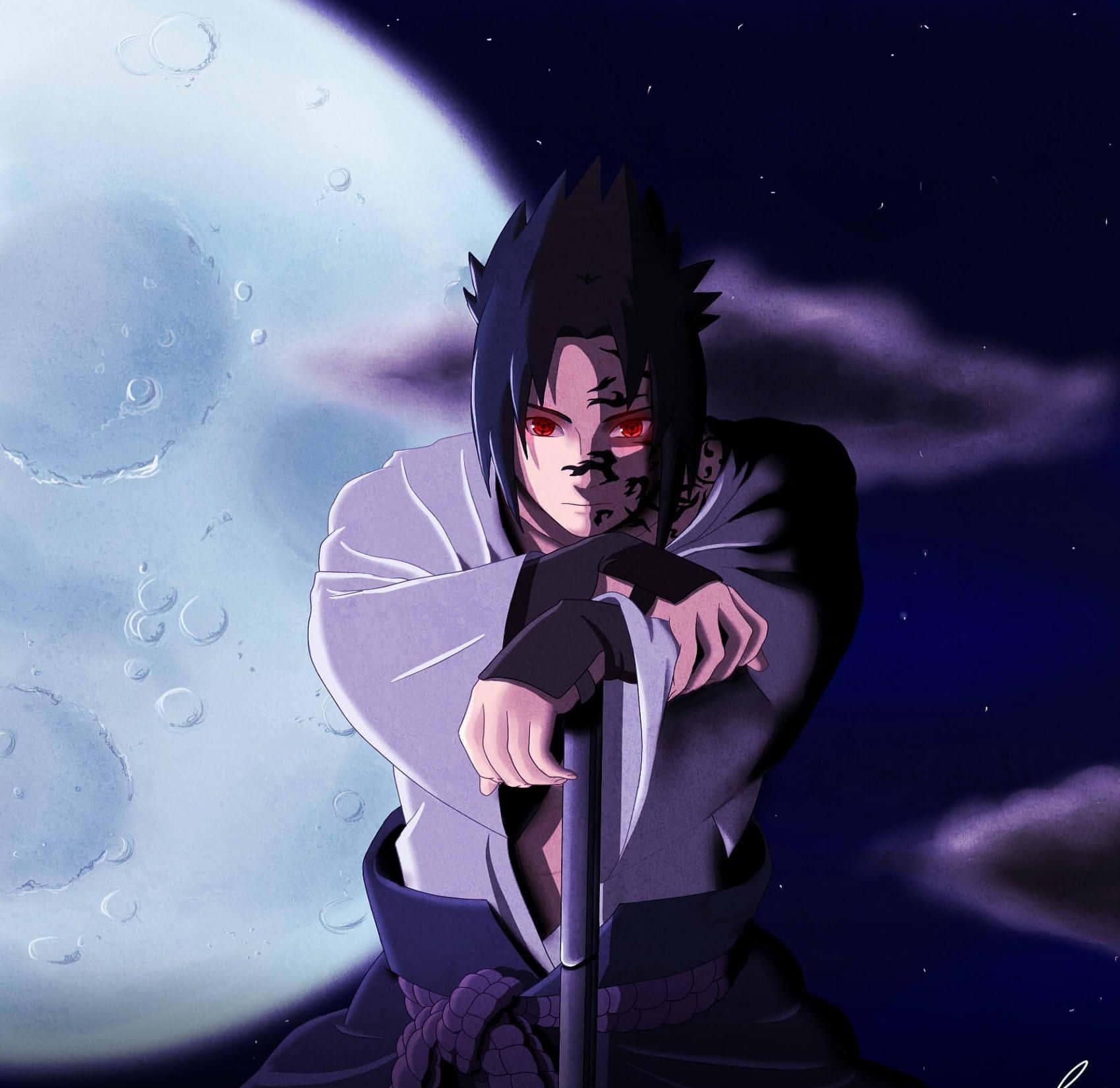 Blue Sasuke, red eyes, large moon, HD Desktop Wallpaper