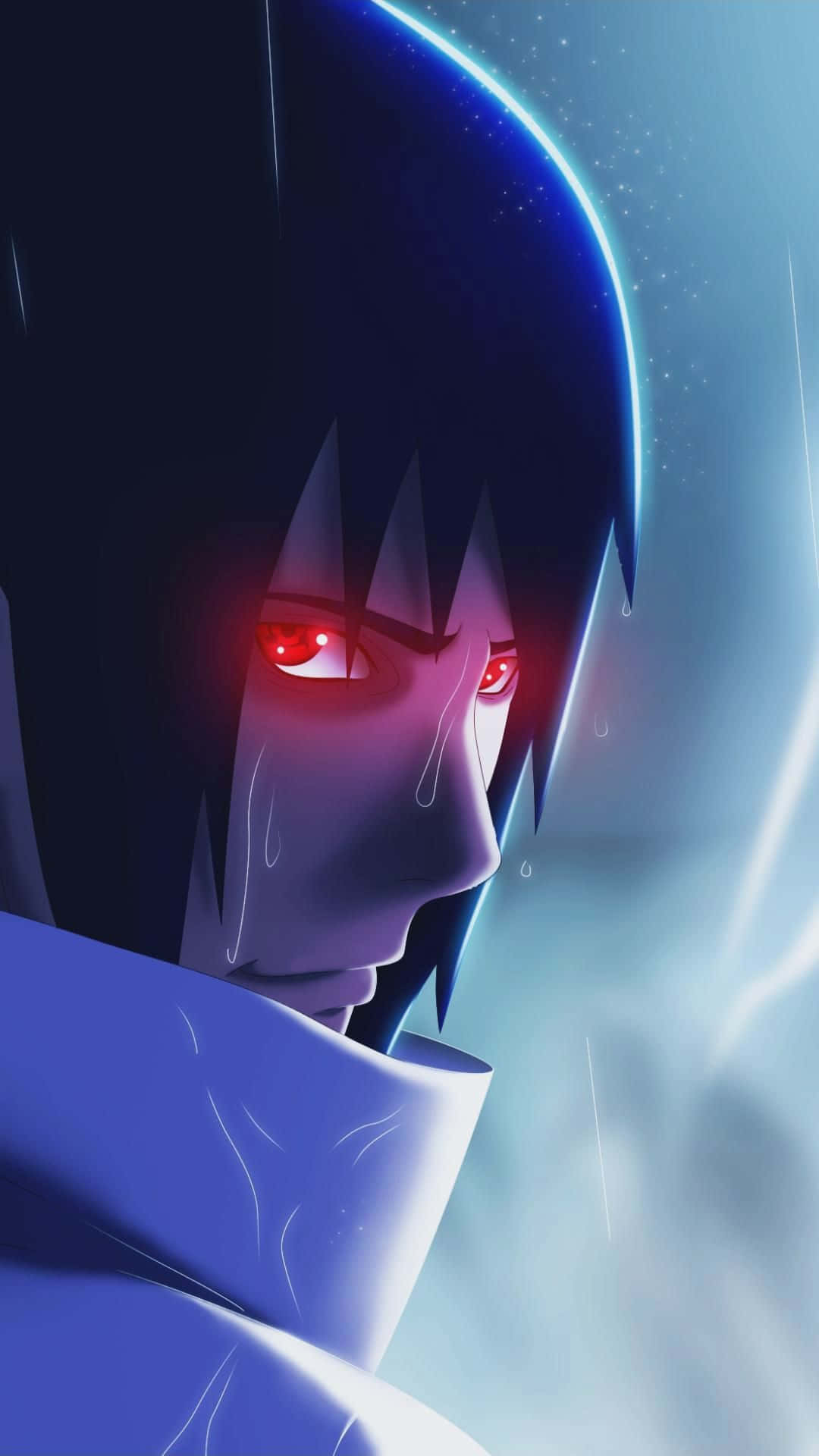 Blue Sasuke, glowing red eyes, tears streaming down his face, Full HD Phone Wallpaper